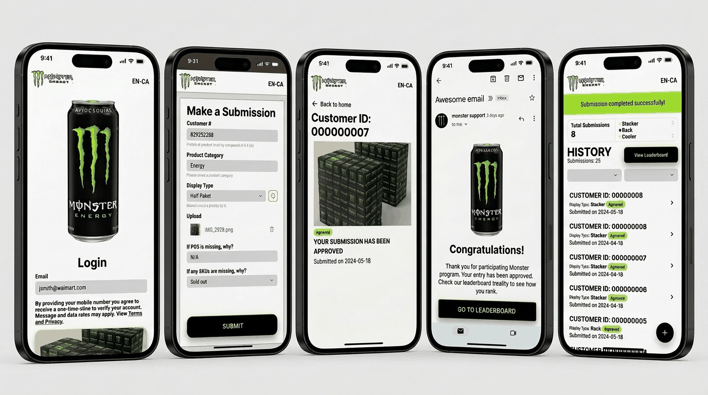Field Execution Interface: login, photo submission, validation, and leaderboard screens