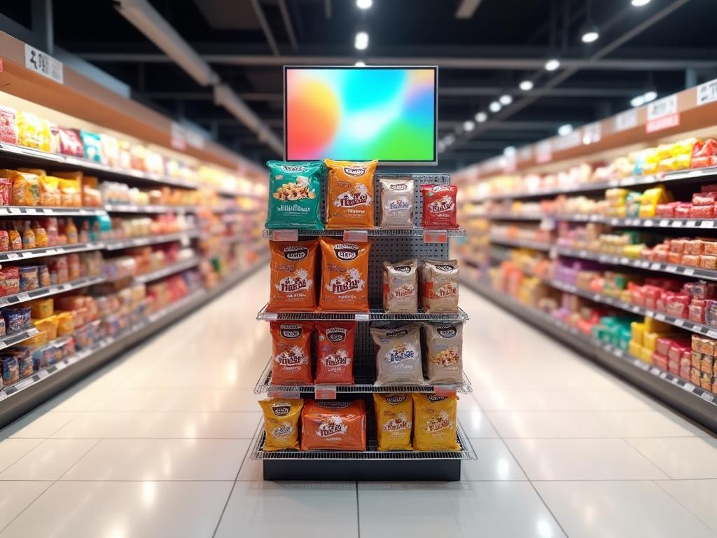 Branded promotional endcap display in a modern grocery store aisle