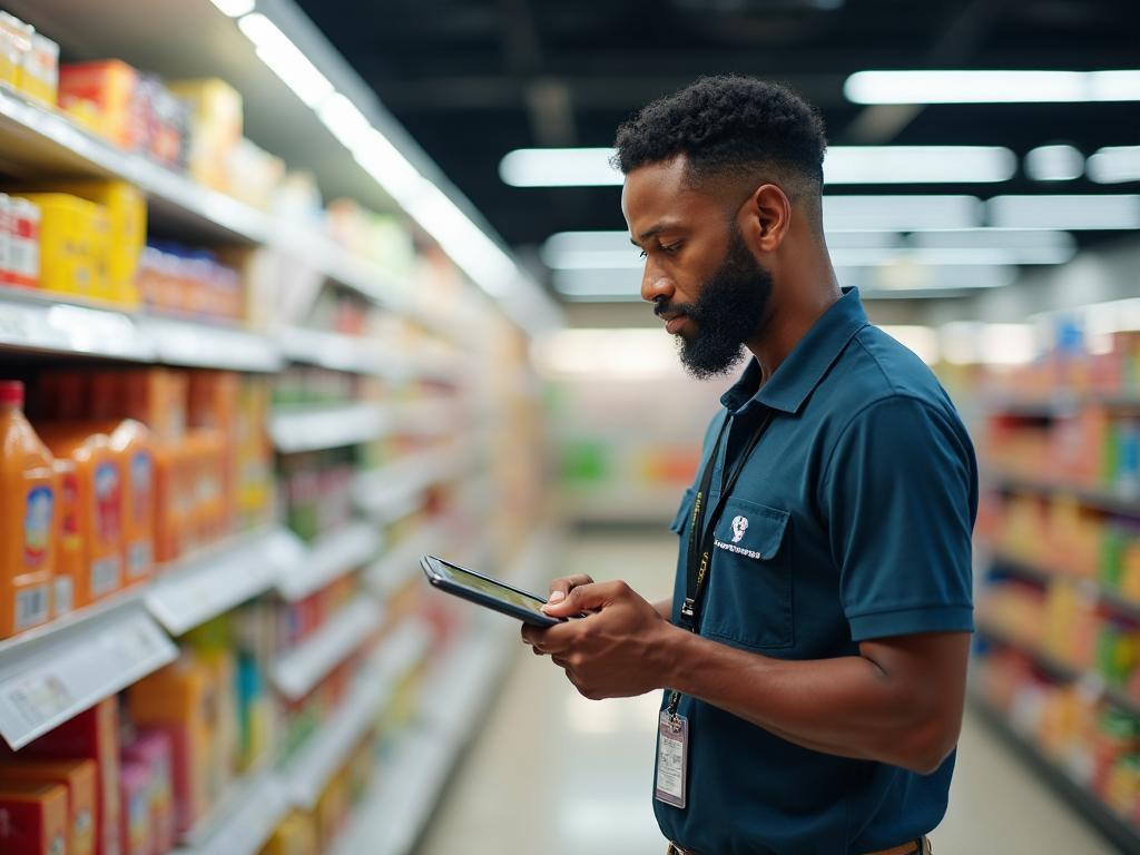 Field operations representative auditing a retail shelf display with a tablet